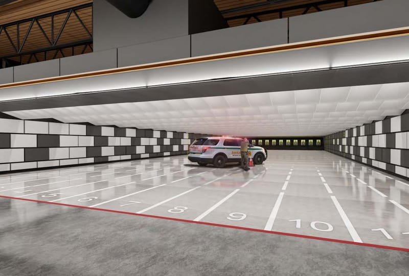 A rendering of the shooting range, which can accommodate vehicles for training scenarios. Render by Modern Building Company and JKAE.