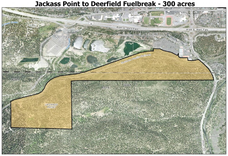 The proposed Jackass Point-to-Deerfield fuel break project area. Map courtesy of Nevada County Office of Emergency Services and Truckee Fire Protection District.