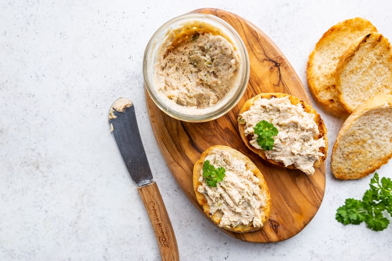 Smoked fish dip on toasted bread.