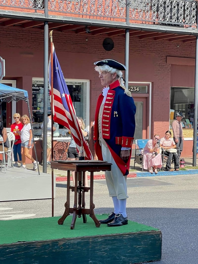 CF&AM G. Sean Matroka PGM portraying himself as George Washington during the signing of the Constitution ceremony. Photo courtesy of Nevada Lodge #13 F&AM.