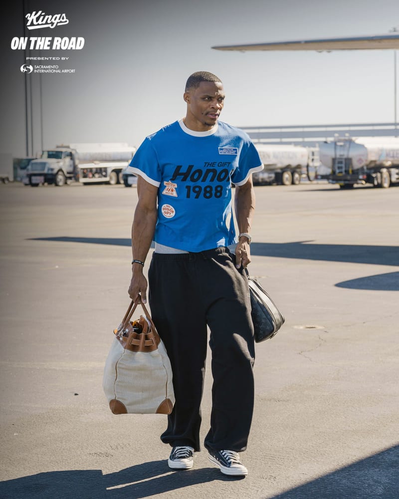 A photo of new team member Russell Westbrook boarding the plane to Phoenix for the first game of the season. Shared by the Sacramento Kings on social media.