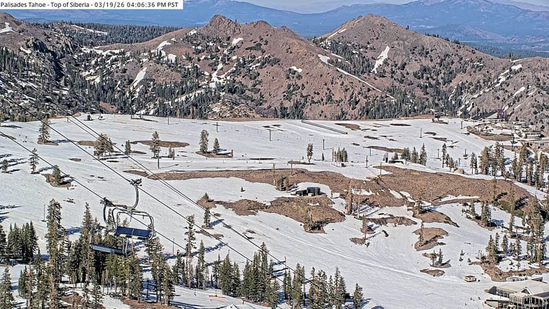 Palisades Tahoe web cameras show rapidly dwindling snow and patchy conditions. Credit: Palisades Tahoe.