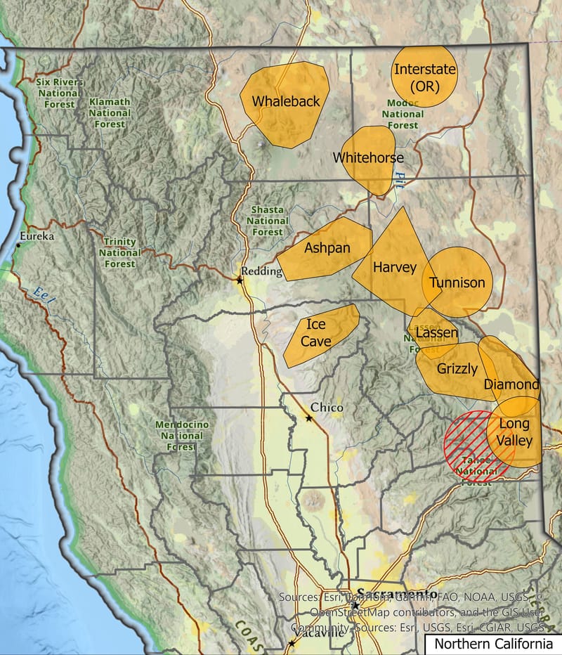 A map of known wolf pack territories.