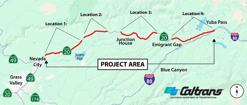 Caltrans map highlights Highway 20 project sections from Nevada City toward the Interstate 80 junction, with Grass Valley, Junction House, Emigrant Gap, and Blue Canyon labeled.
