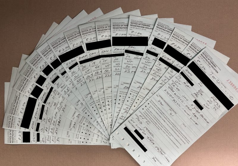 Citations issued over the weekend by Highway Patrol officers for parking violations. Photo: CHP – Grass Valley.