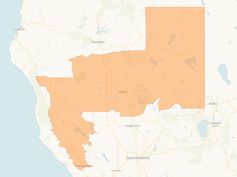 District 1 would extend from the Nevada border to Santa Rosa. Image from a districts atlas provided by the California Assembly.