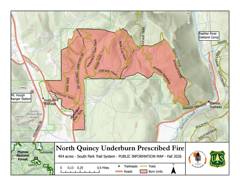 Map of the planned 404-acre South Park prescribed burn north of Quincy, with pink burn units between Chandler and Oakland Camp roads and labeled trails.