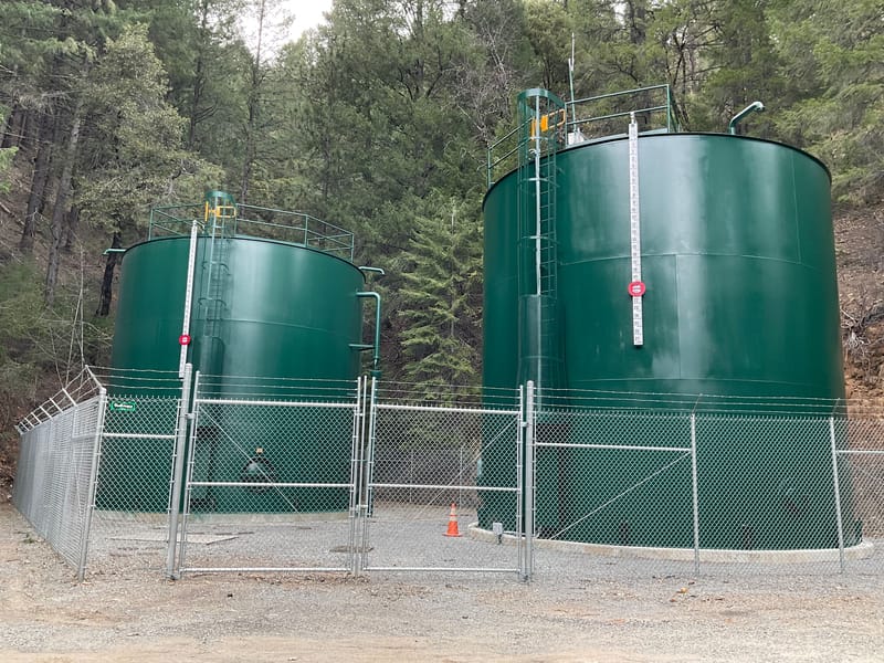 The two 100,000-gallon water tanks managed by the Downieville Public Utility District