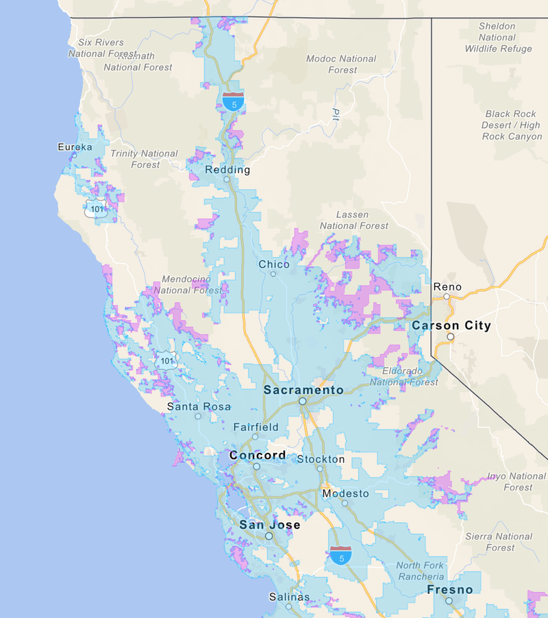 Highlighted in blue are areas in which AT&T hopes to drop Carrier of Last Resort obligations. Purple-highlighted regions may follow.