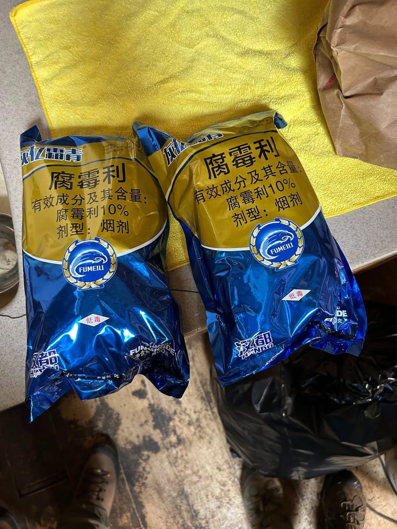 Illegal Chinese-labeled pesticides found at the North San Juan property.