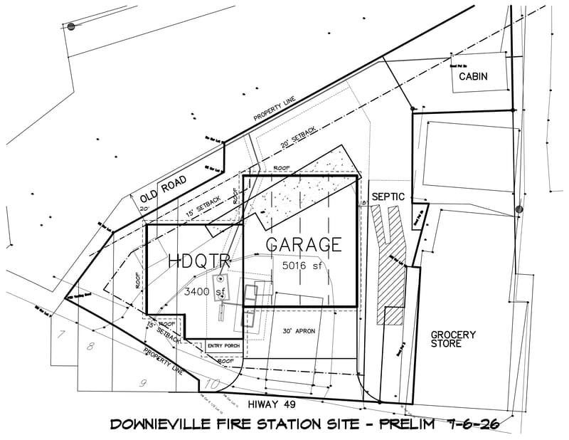 The preliminary plans for the new Downieville fire station along Highway 49.