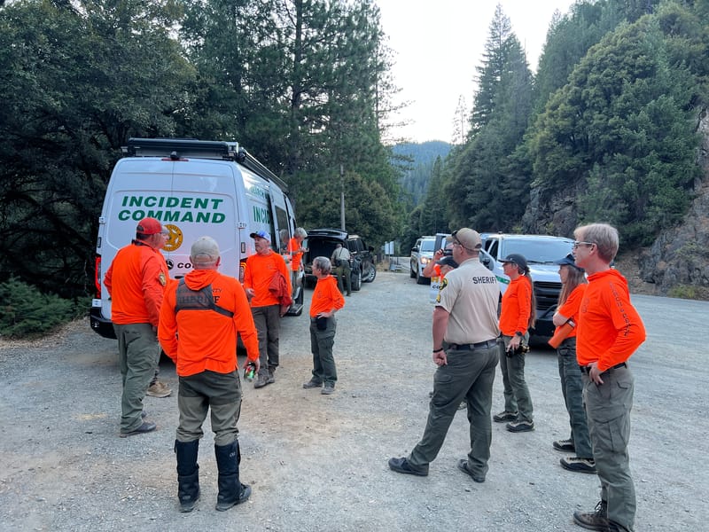 The Sierra County Sheriff’s Office and Nevada County Search and Rescue stage at Cannon Point near Downieville for a ground search. Photo courtesy of the Sierra County Sheriff’s Office.