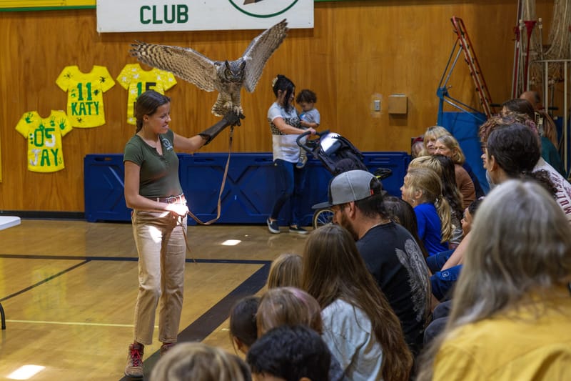 Elsa Arriola shows Downieville students Nova, a great horned owl.