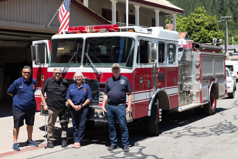 Left to right: Captain Joaquin “Kino” Jimenez, Frank Lang, Baja Bridges National Director Katherine Turner, and Downieville Fire Chief Robert Hall.