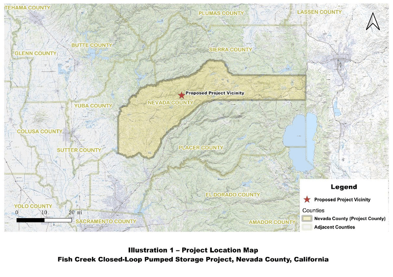 Regional map with Nevada County highlighted and a red star marking the proposed Fish Creek Pumped Storage Project’s general vicinity, south of Sierra County.