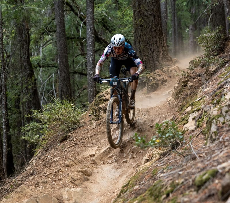 All-Mountain World Champion Keegan Swenson races down Third Divide trail on his way to a victory in the downhill