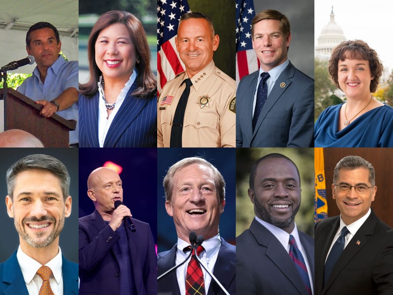 Candidates running for California Governor. Left to right, top row: Antonio Villaraigosa, Betty Yee, Chad Bianco, Eric Swalwell, Katie Porter. 
Bottom row: Matt Mahan, Steve Hilton (photo by Gage Skidmore), Tom Steyer (photo by Gage Skidmore), Tony Thurmond, Xavier Becerra.