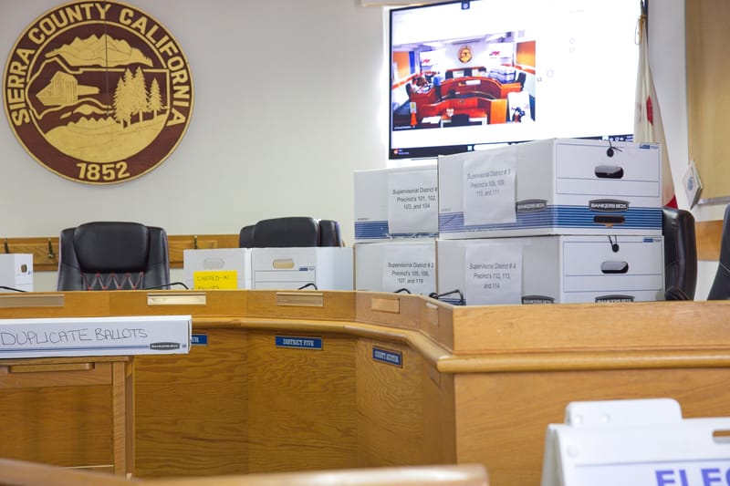 Boxes of filled Sierra County ballots from the June 2 primary election.