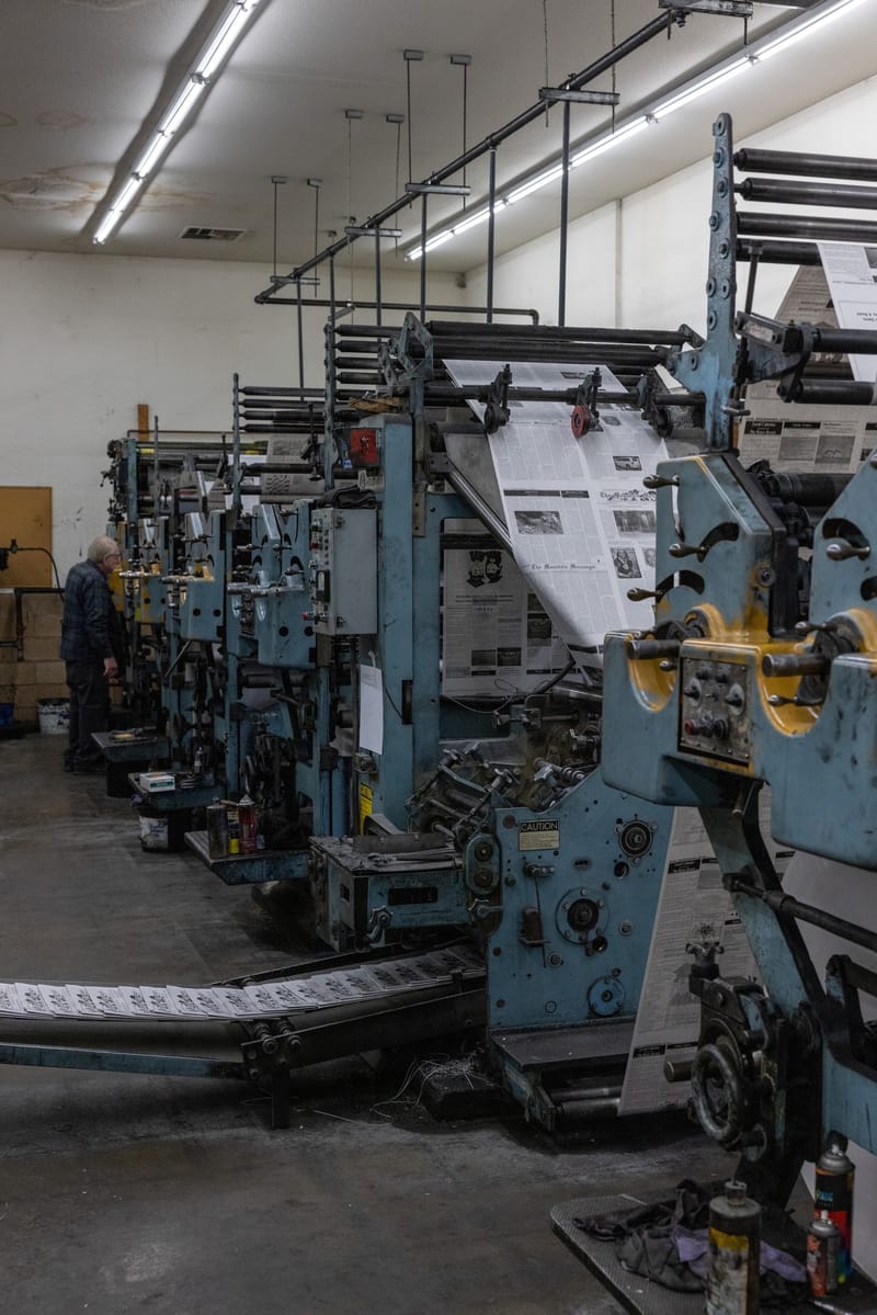 The entirely analog Goss printing press used by Feather Publishing