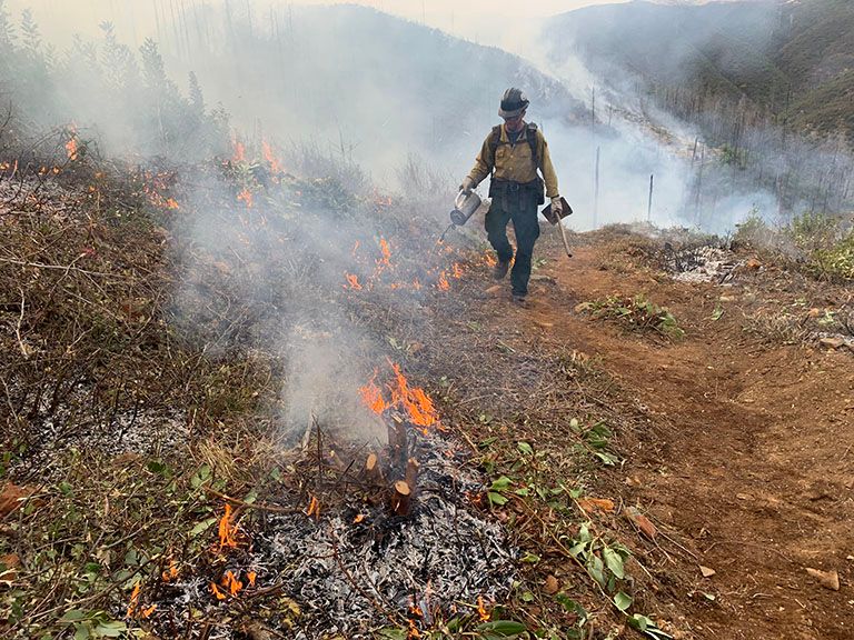 A firefighter conducts burning in the Concow Basin. Photo courtesy of Plumas National Forest.
