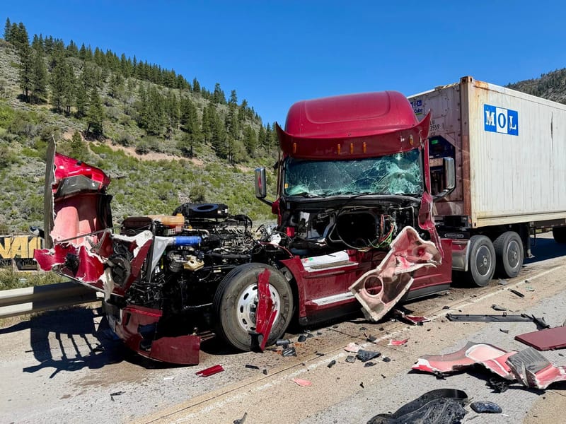 A photo of the damaged semi-truck shared by CHP - Truckee.