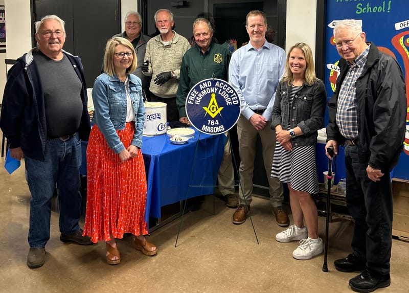 Shown front row, from left to right: Bro. Sam White, Alicia Misita, Sean Snider, Faith Edwards, Past Grand Master John L. Cooper III. Back row, left to right: Bro. Bill Miklos, Bro. Jerry B, Bro. Gregg Novotny.