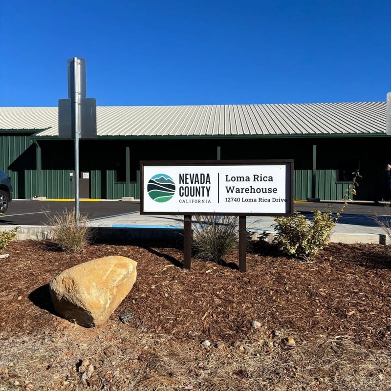 The sign for the Loma Rica Warehouse, where ballots will be processed.