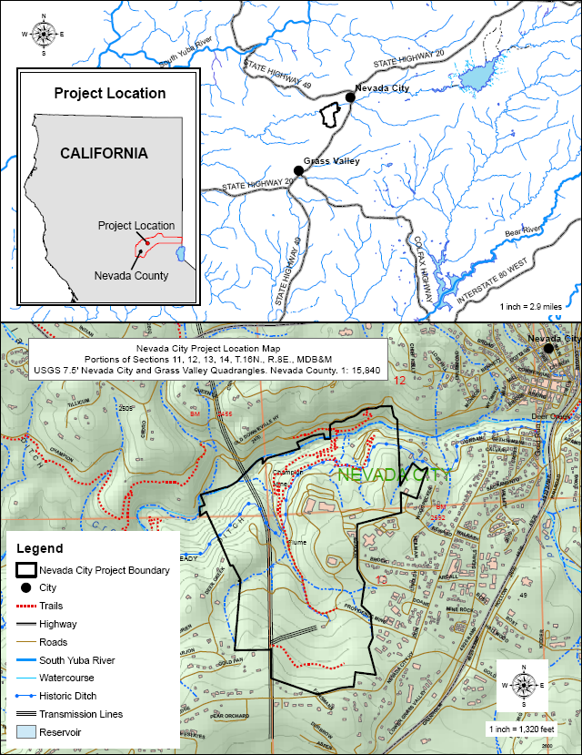 The 2024 planning map outlines the Deer Creek project area southwest of downtown Nevada City, with regional location maps above.